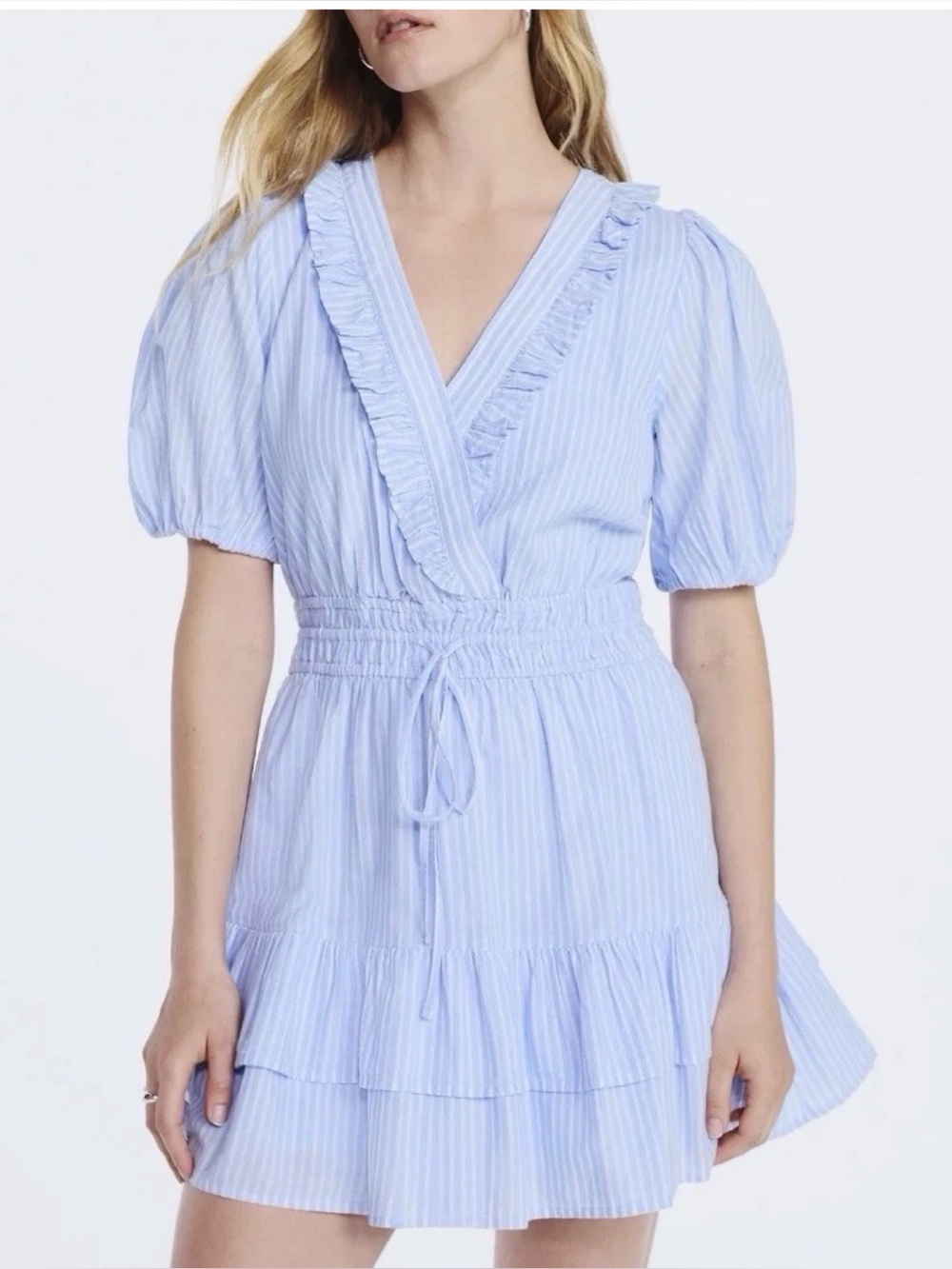 Free Assembly Light Blue Striped Ruffle Wrap Mini Dress NWT Size Medium 8-10